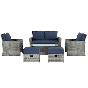 6-Piece Dark Grey PE Wicker Rattan Outdoor Conversation Sectional Set with Blue Removable CushionsWicker SofasOttoman