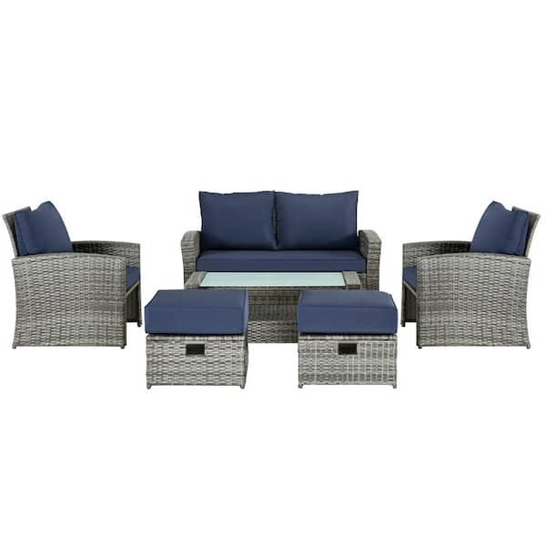 Zeus & Ruta 6-Piece Dark Grey PE Wicker Rattan Outdoor Conversation Sectional Set with Blue Removable CushionsWicker SofasOttoman