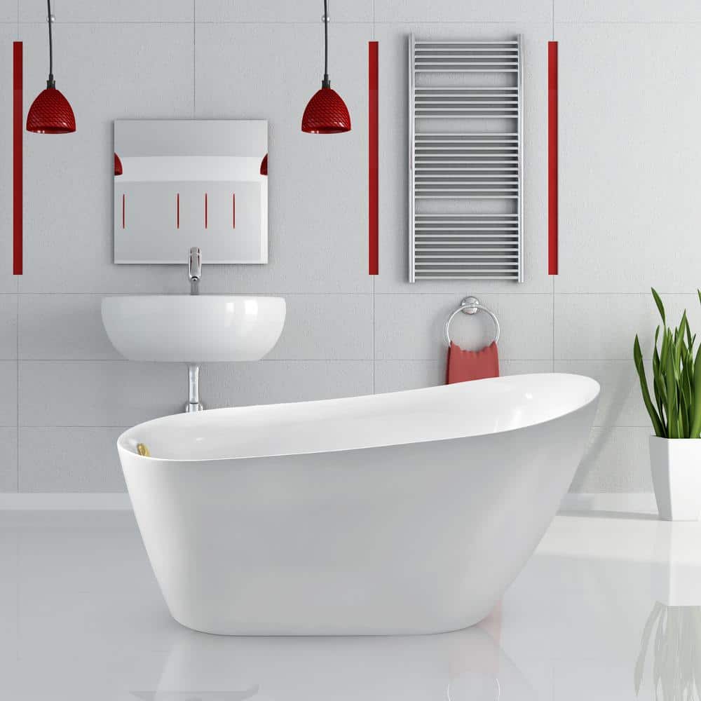 59" Glossy White Acrylic Freestanding Soaking Bathtub with Bamboo Tray