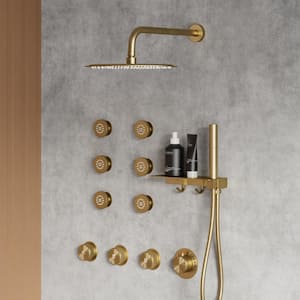 Thermostatic 7-Spray Wall Mount Round 2.5 GPM Shower System with Shelf and Hooks in Brushed Gold (Valve Included)