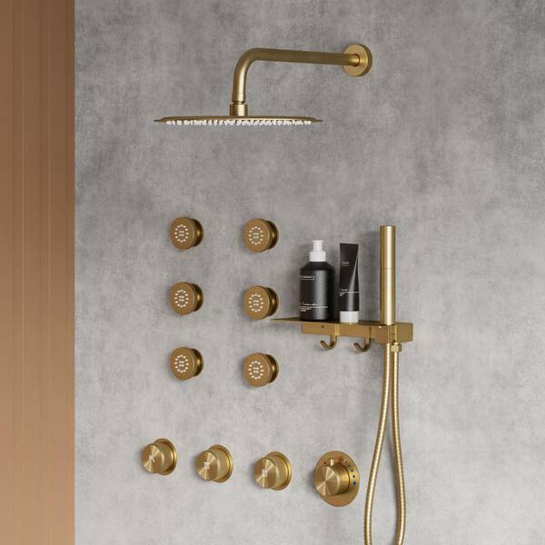 CRANACH Thermostatic 7-Spray Wall Mount Round 2.5 GPM Shower System with Shelf and Hooks in Brushed Gold (Valve Included)