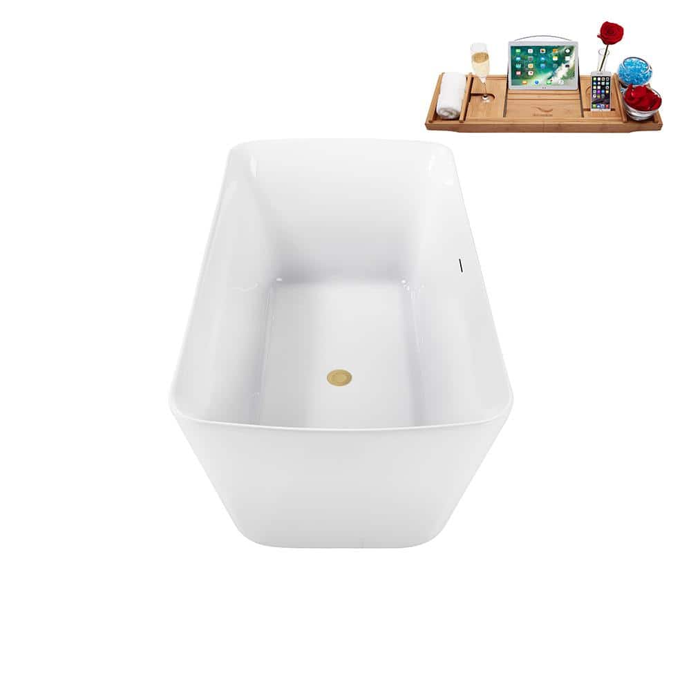 59" Glossy White Freestanding Acrylic Soaking Bathtub with Brushed Brass Drain