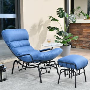 Mono Metal Patio Lounge Outdoor Rocking Chair with an Ottoman and Sky Blue Cushions