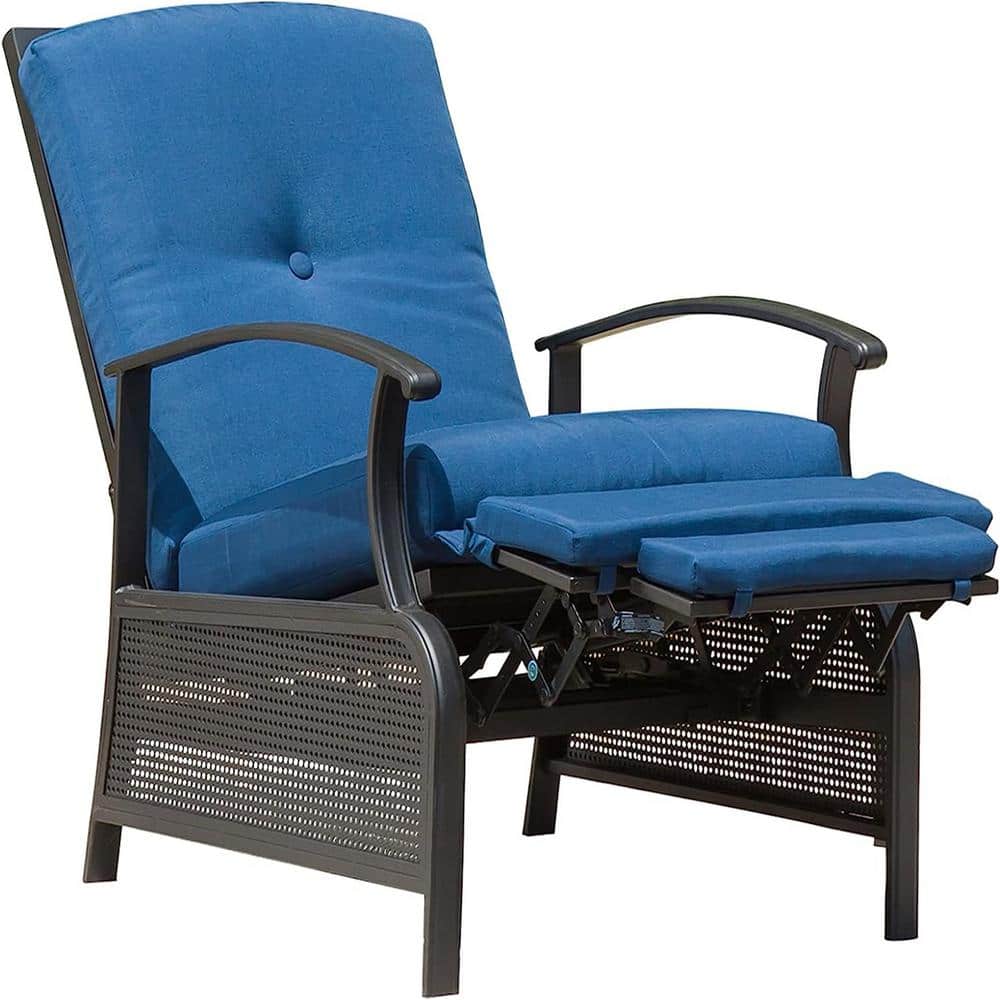 Blue Metal Adjustable Patio Recliner Outdoor Chaise Lounge Chair with Cushi