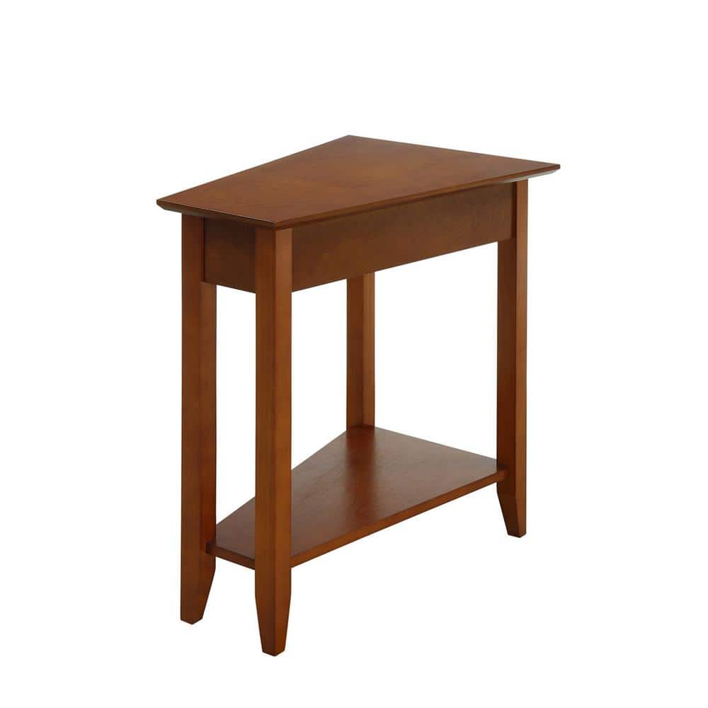 Triangular Cherry Wood and Metal Wedge End Table with Shelf