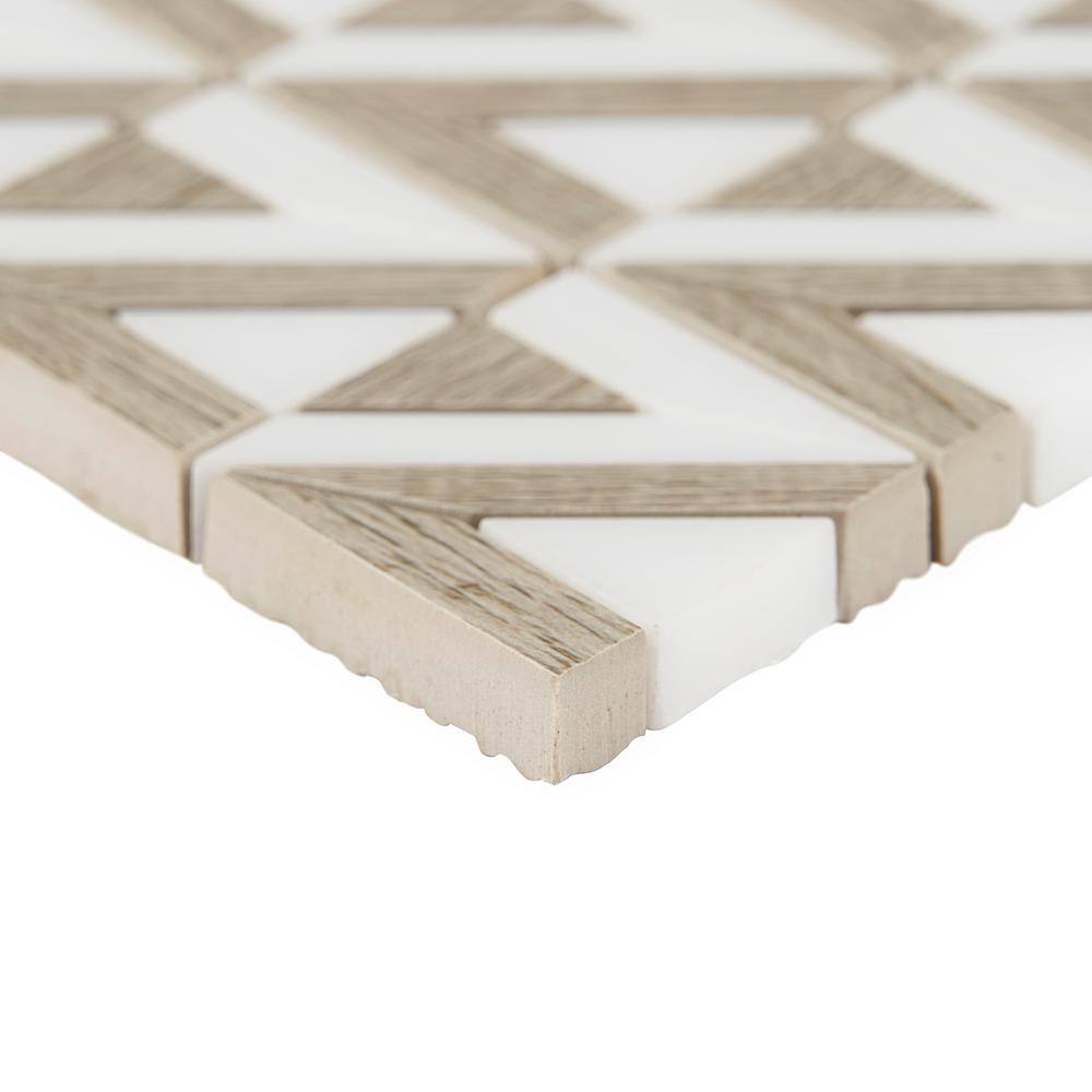Wooden Beige and White Geometric Marble Mosaic Tile Sheet