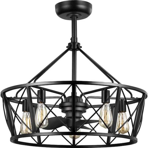 Pinehill 28 in. Indoor/Outdoor Matte Black Farmhouse Fandelier Ceiling Fan with 2200K Bulbs Included and Remote Control