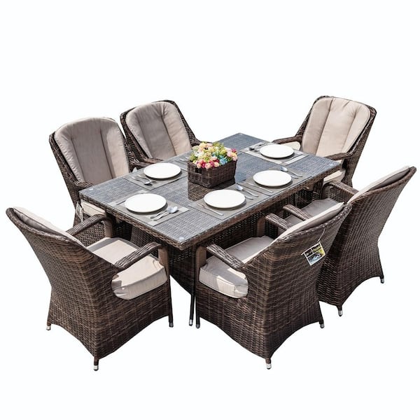 Ozark Brown 7-Piece Wicker Rectangular Outdoor Dining Set with Beige Cushion