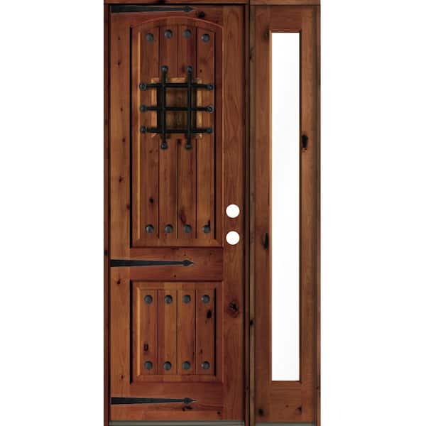 Krosswood Doors 46 in. x 96 in. Medit. Knotty Alder Left-Hand/Inswing Clear Glass Red Chestnut Stain Wood Prehung Front Door w/RFSL