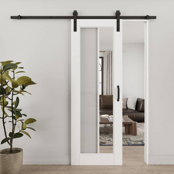 28 in. x 80 in. 1-Lite Tempered Clear Glass White Primed Solid Core MDF Sliding Barn Door with Hardware Kit
