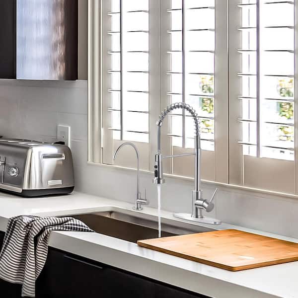 Brushed Nickel 20.3 in. H Single Handle Pull Down Sprayer Kitchen Faucet with Water Filter Faucet and 360° Swivel