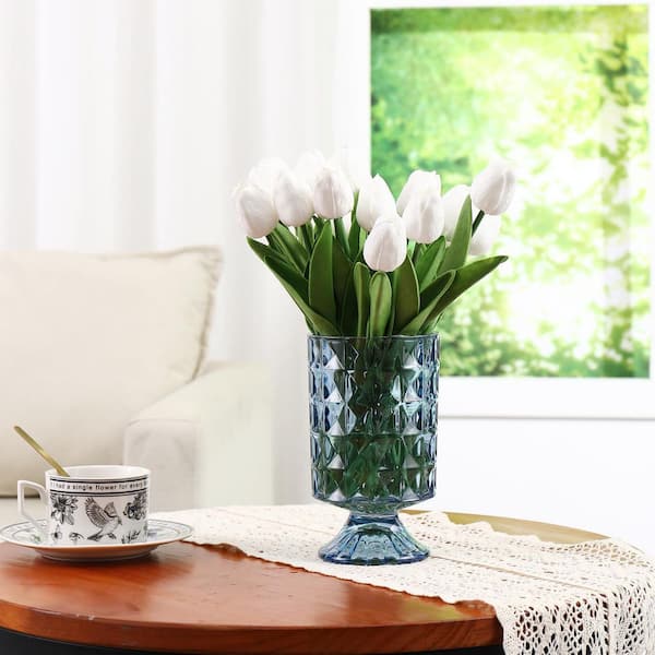 7.2 in. Crystal Blue Round Pedestal Glass Vase, Large Floral Vase