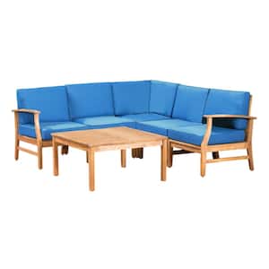 Perla Teak Finish 6-Piece Wood Outdoor Sectional Set with Blue Cushions