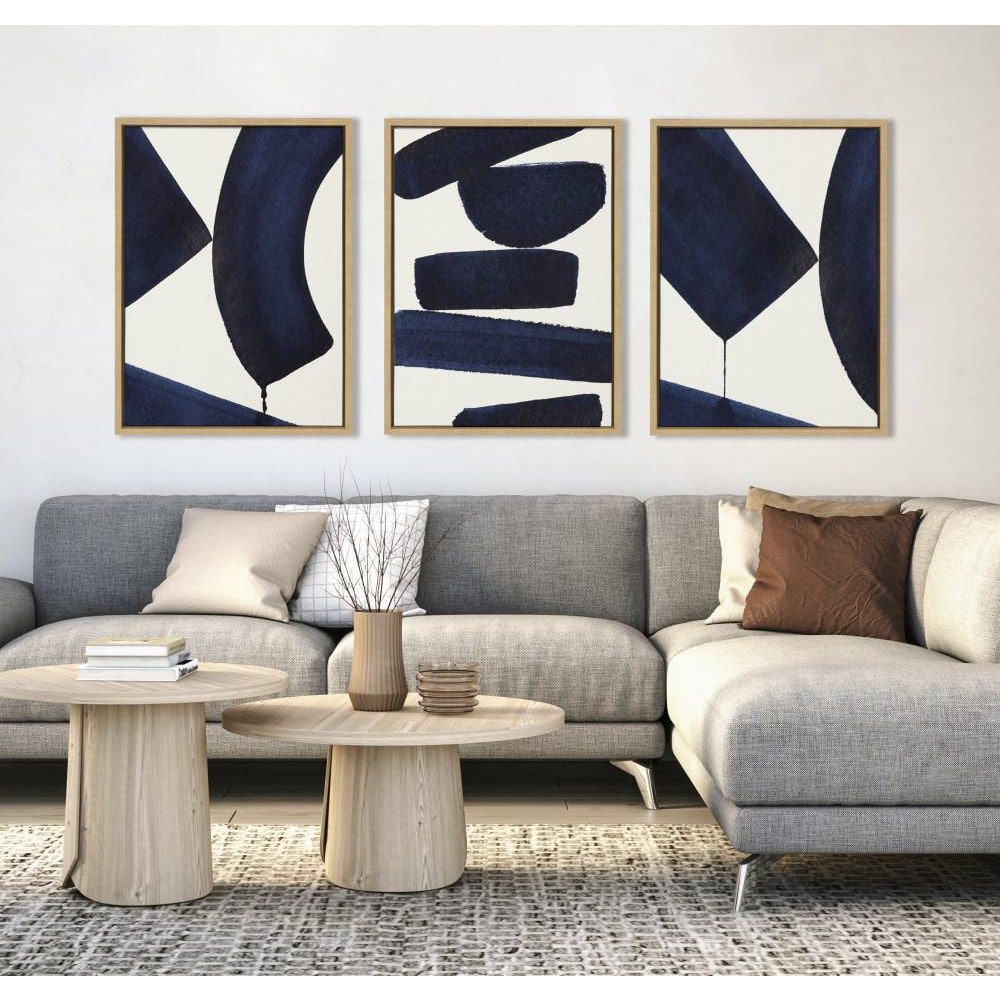 Sylvie Japandi Navy Blue Abstract Canvas Art Set with Natural Frames