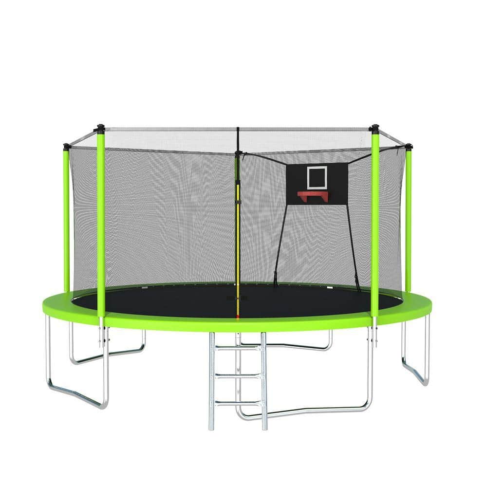 Tenleaf 14 ft. Outdoor Round Green Trampoline with Basketball Hoop