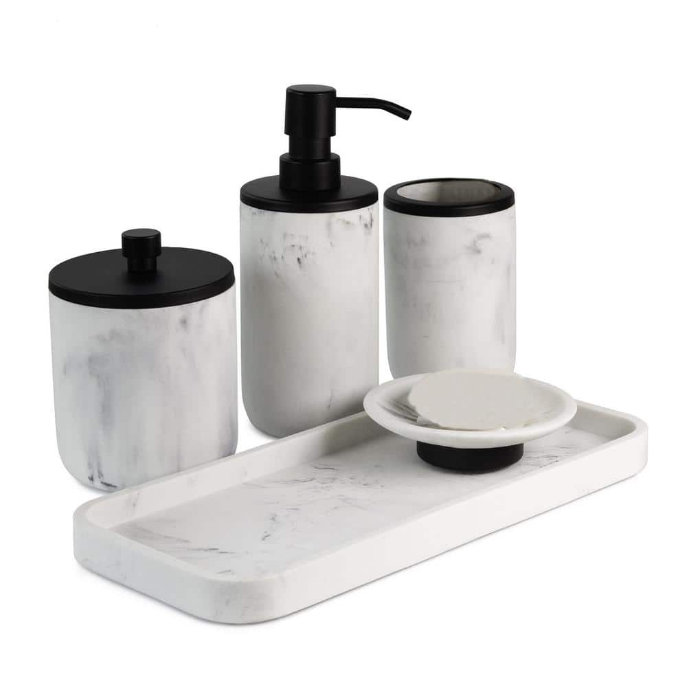 White Ceramic Square Bathroom Accessory Set with Black Accent Pump Dis –  MyGift