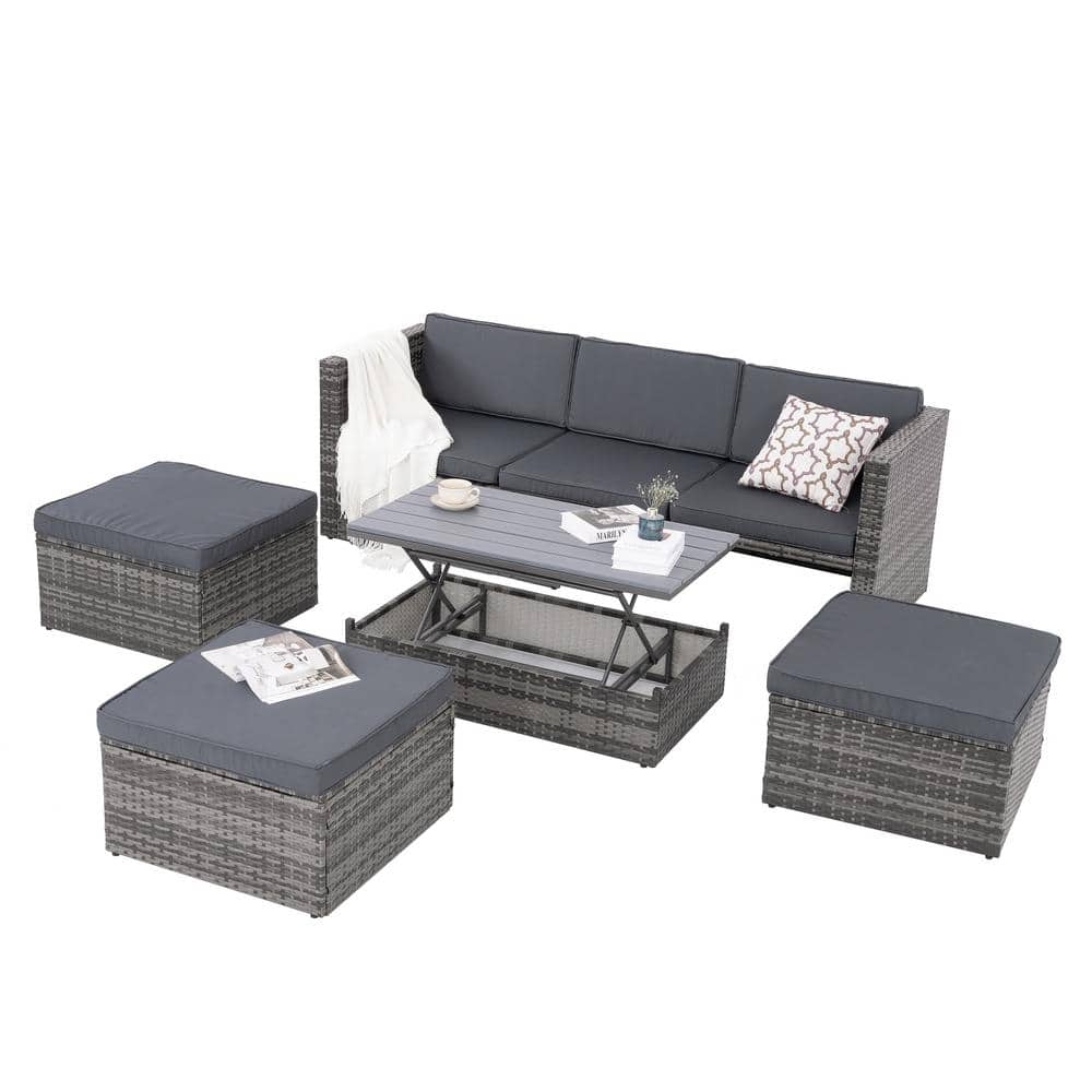 5-Piece Dark Gray PE Wicker Outdoor Sectional Sofa Set with Dark Gray Cushi