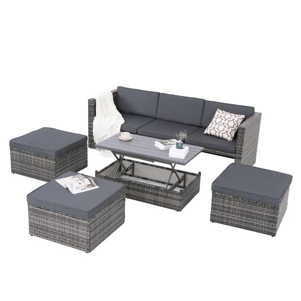 Unbranded 5-Piece Dark Gray PE Wicker Outdoor Sectional Sofa Set with Dark Gray Cushions, Plywood lift TOP Coffee Table