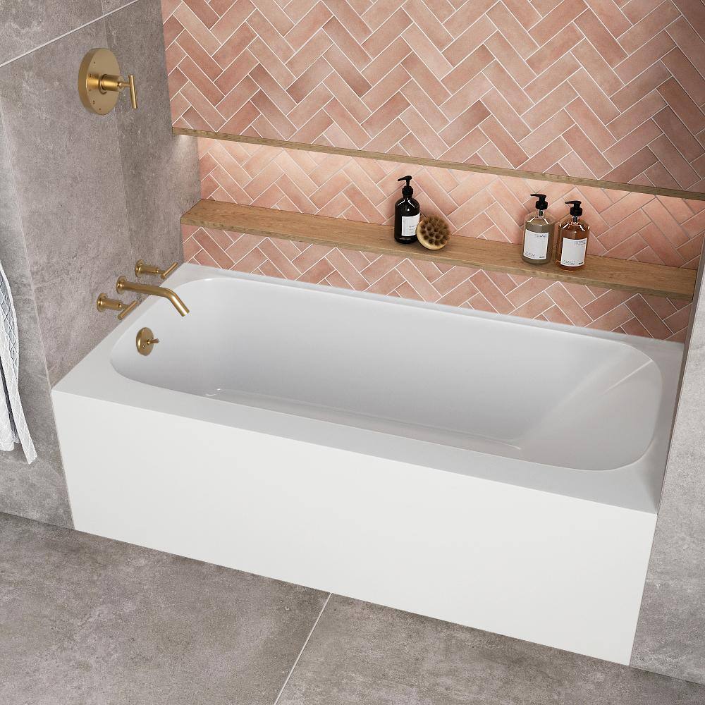 Glossy White Acrylic Alcove Bathtub with Brushed Gold Trim