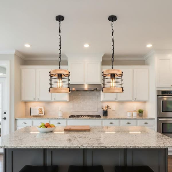 YANSUN 8 in 1-Light Industrial Retro 1-Light Pendant Light, White Wood Metal Round Cage Chandelier for Kitchen or Dining Room