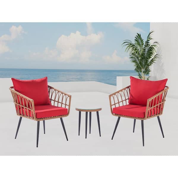 AUTMOON 3-Piece Wicker Outdoor Dining Set with Red Cushions