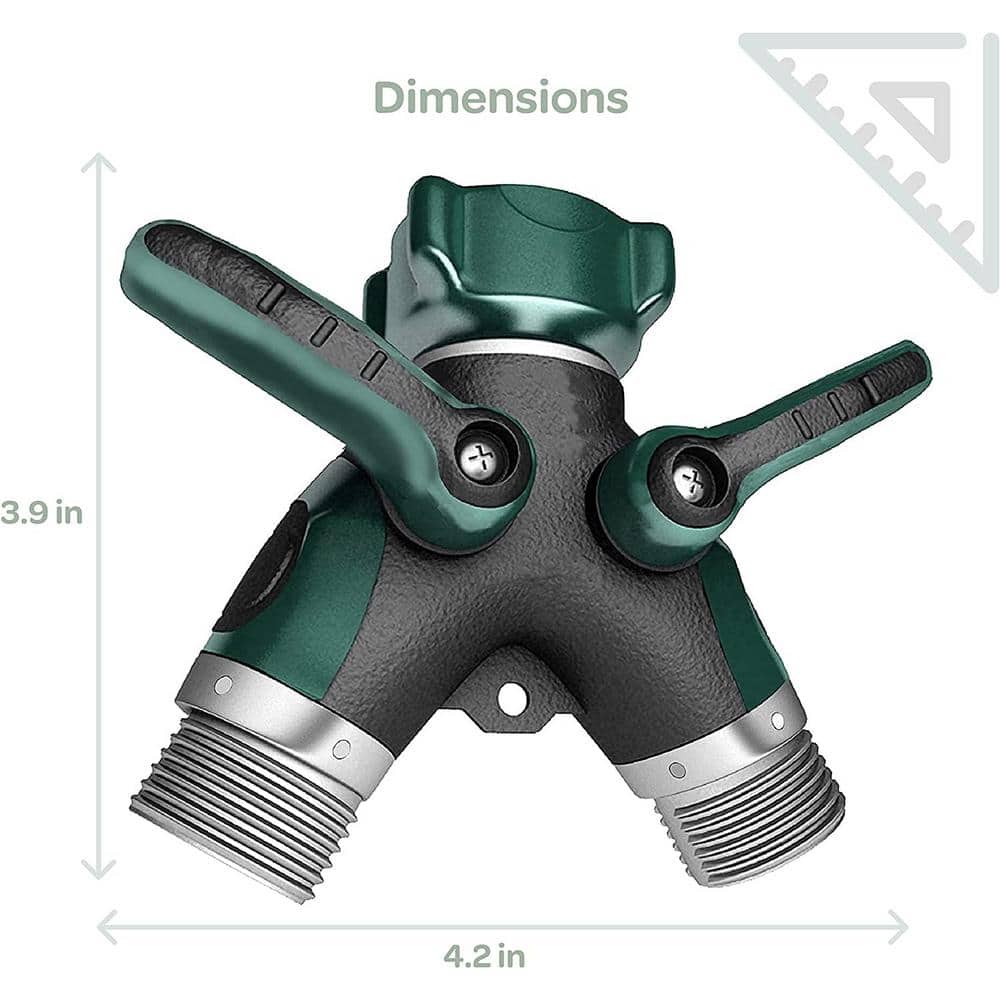 Green Metal Body 2-Way Garden Hose Splitter with Shut Off Valve
