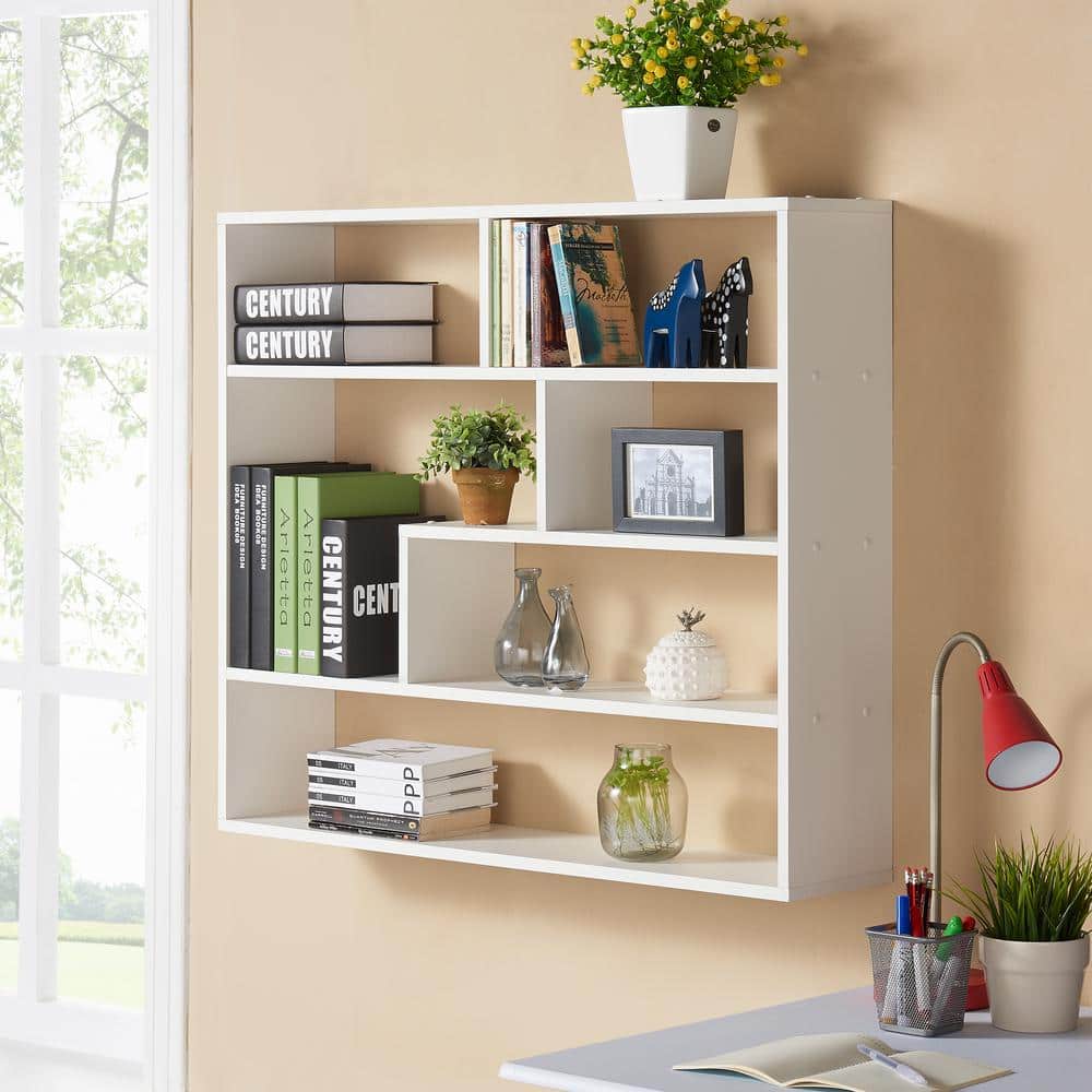 Asymmetrical White Floating Wall Shelf, 41" Wide