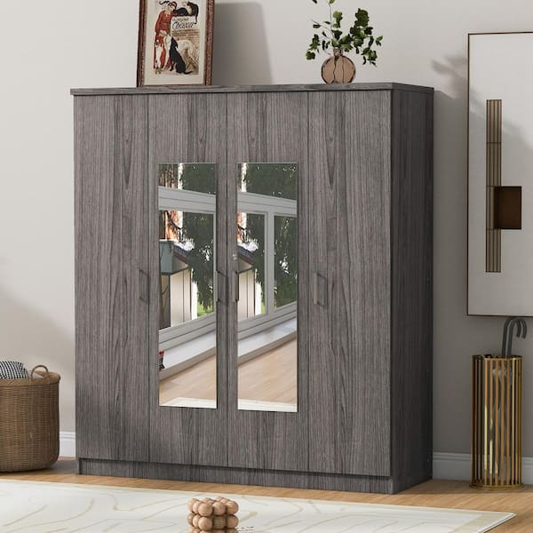 Nestfair Gray Wood 59.2 in. 4-Door Wardrobe with Shelves, Drawer