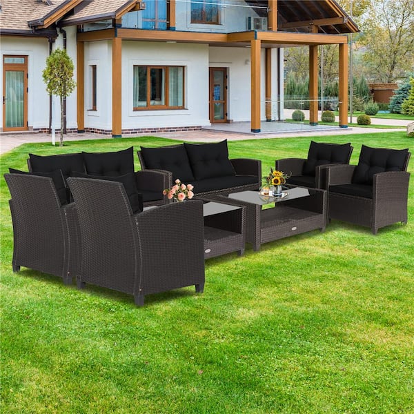 8 -Piece Patio Rattan Furniture Set Glass Table Shelf Sofa Cushion Black