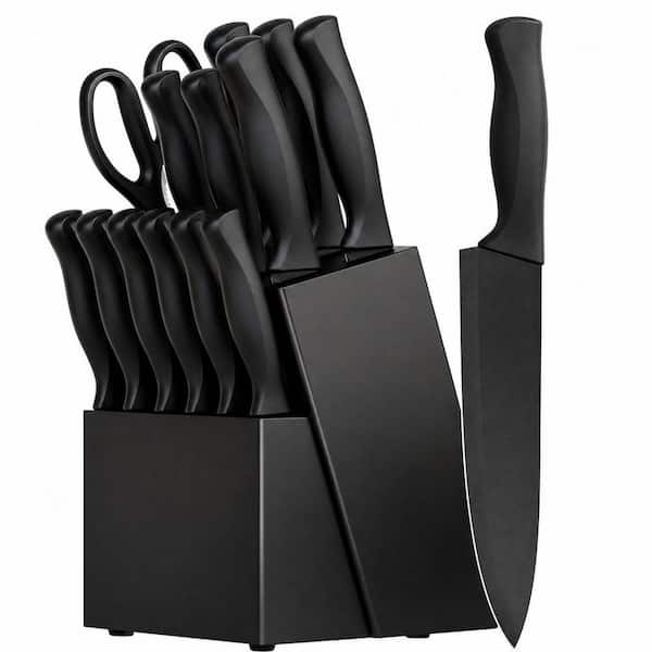 15-Piece German Stainless Steel Kitchen Knife Set with Knife Block Built-In Sharpener Block Black for Kitchen Cutting
