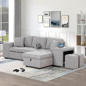 104.5 in. Width Light Gray Linen Full Size Convertible Sofa Bed with Storage Chaise and 2-Stools