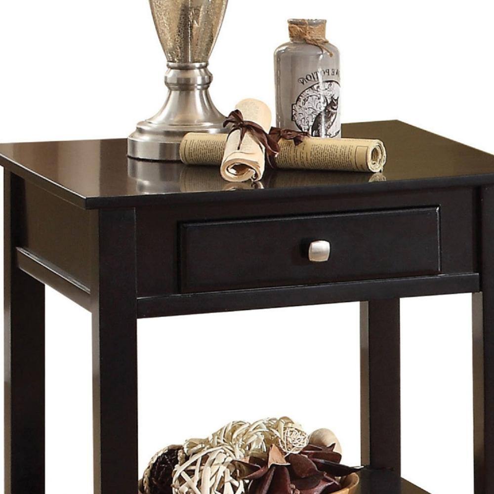 Black Wood Rectangular End Table with Drawer and Shelf