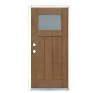 36 in. x 80 in. Medium Oak Right-Hand Inswing Frosted Craftsman Stained Fiberglass Prehung Front Door