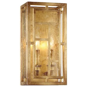 Edgemont Park 7 in. 2-Light Pandora Gold Leaf Wall Sconce with Textured Glass