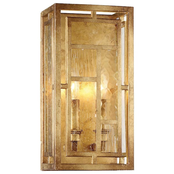Metropolitan Edgemont Park 7 in. 2-Light Pandora Gold Leaf Wall Sconce with Textured Glass