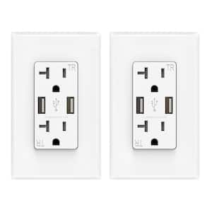 4 Amp USB Dual Type A In-Wall Charger with 20 Amp Duplex Tamper Resistant Outlet, Wall Plate Included, White (2-Pack)