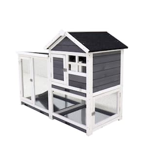 Solid Wooden Outdoor Grey Rabbit Cage Pet Cage on Wheels with 3-Doors, Removable Tray and Sloping Asphalt Roof