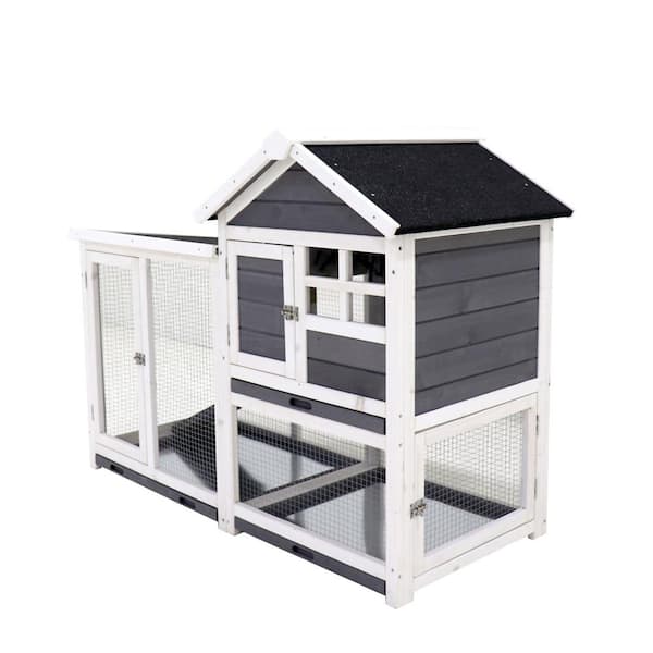Tunearary Solid Wooden Outdoor Grey Rabbit Cage Pet Cage on Wheels with 3-Doors, Removable Tray and Sloping Asphalt Roof