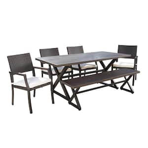 Sherman 29 in. Black 6-Piece Metal Rectangular Outdoor Dining Set with White Cushions