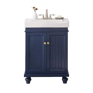 24 in. Bath Vanity in Blue with Ceramic Top in White with White Basin without Mirror
