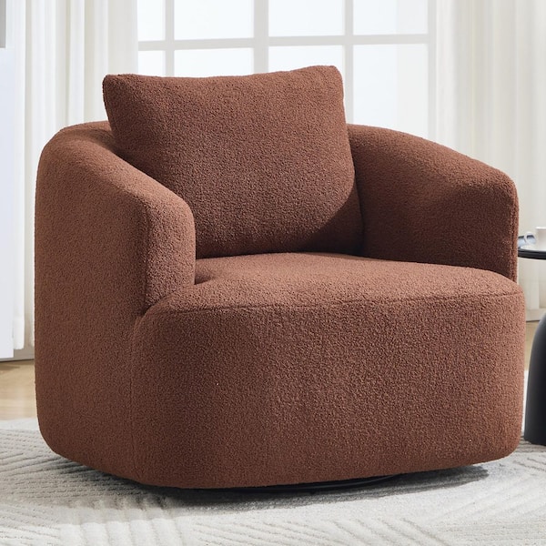 Clinton Modern Brown Upholstered Teddy Fleece Swivel Accent Chair Arm Chair with Pillow and Metal Base