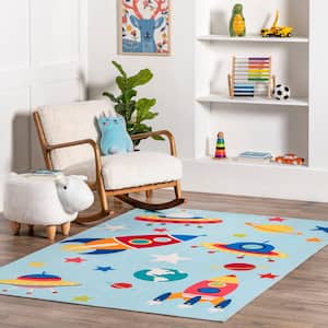 Eddie Outer Space Machine Washable Kids Light Blue Multi Doormat 3 ft. x 5 ft. Accent Rug