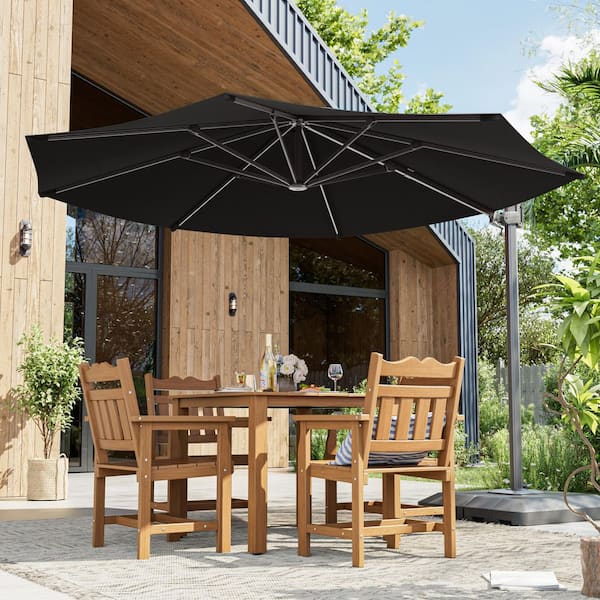 black wood patio umbrella JOYESERY 11 ft. Deluxe Cantilever Patio Umbrella in Black with 360° Rotation and Base