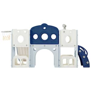 Blue 7 in 1 Toddler Freestanding Spaceship Set with Slide, Toy Storage Organizer Arch Tunnel and Basketball Hoop