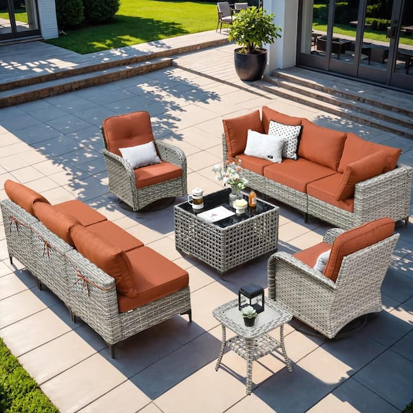 HOOOWOOO Holston 10-Piece Wicker Outdoor Patio Conversation Sofa Sectional Set with Swivel Rocking Chairs and Orange Red Cushions