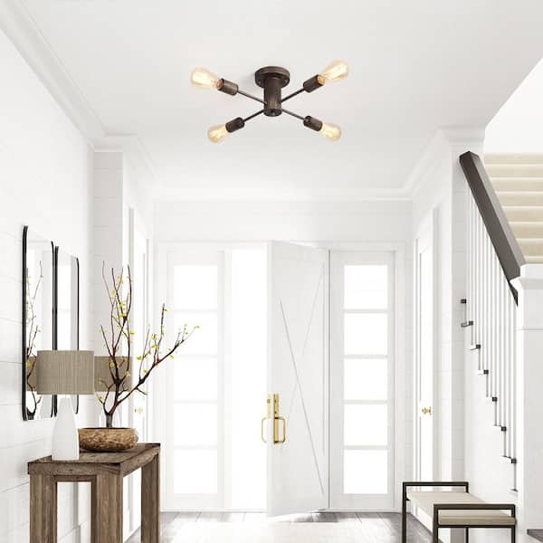 17.5 in. 4-Light Wood Grain Sputnik Semi- Flush Mount For Foyer Bedroom with No Bulbs Included