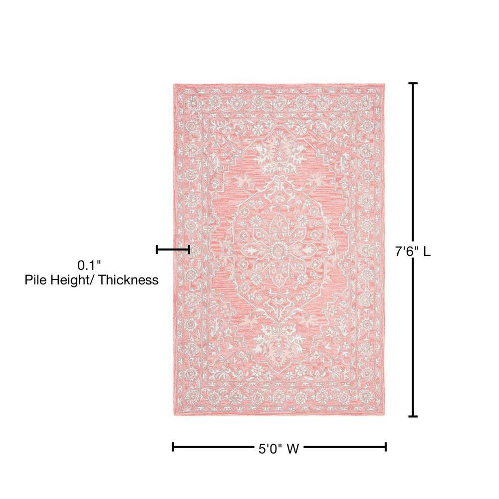 Handmade Pink and Ivory Wool Tufted Rectangular Area Rug 5' x 8'