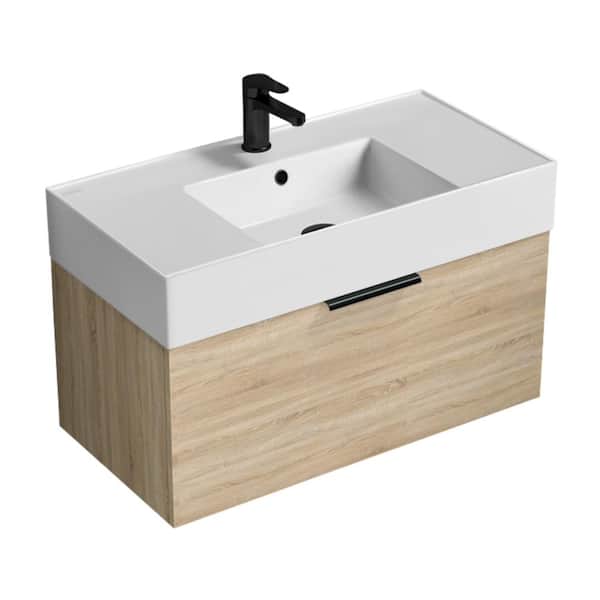 Nameeks Derin 31.9 in. W x 17.4 in. D x 20.47 in. H Modern Bathroom Vanity in Brown Oak With White Ceramic Top