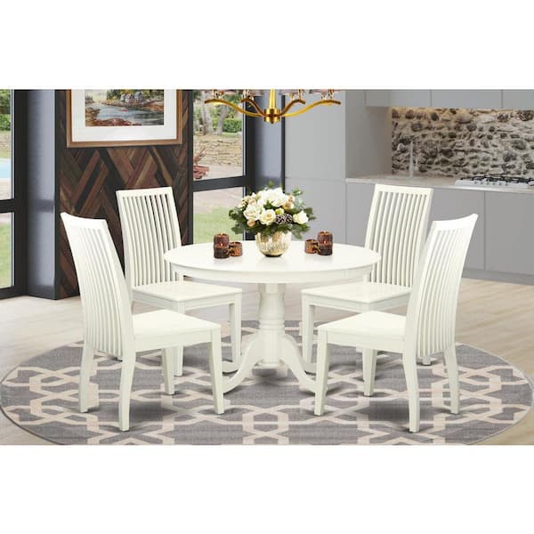 East West Furniture 5-Piece Linen White Finish Solid Wood Top Dining table with 4 Chairs with Lattice Back