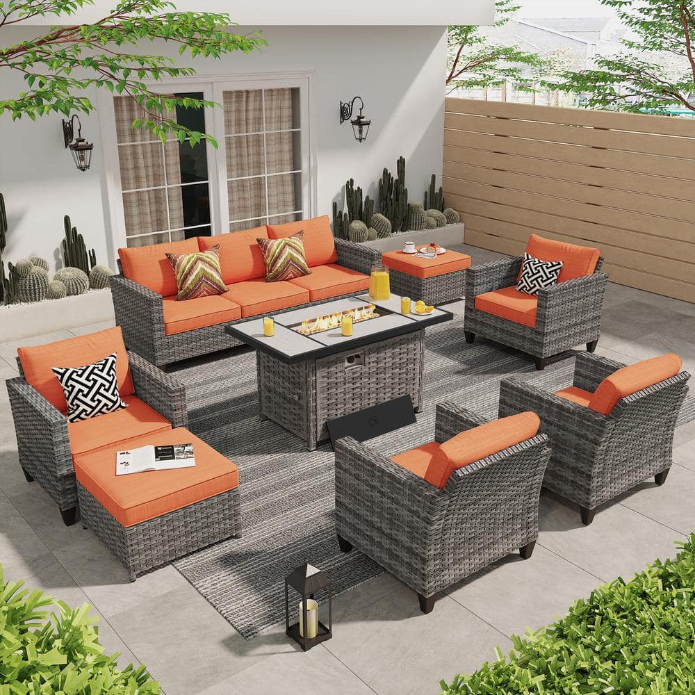 XIZZI Milan Gray 8-Piece Wicker Outdoor Patio Rectangular Fire Pit ...